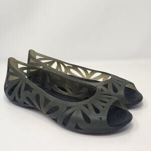 Crocs Adrina Gray Black Jelly Flats Sandals Women Size 10 Peep Toe Slip On Shoes